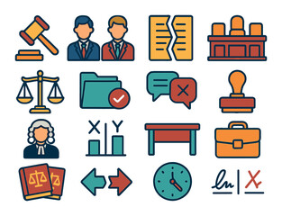 Legal adversaries modern flat style. court gavel, two lawyers, split document, courtroom bench, legal scale, evidence folder, argument speech bubble, document stamp