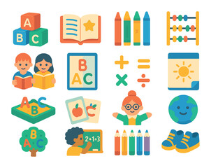 Childhood learning and knowledge modern flat style. alphabet blocks, storybook, crayons, counting beads, kids with books, ABC chart, math symbols, drawing pad, sandbox