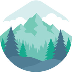 Fototapeta premium Vector art of a round landscape scene with mountains and forest in a minimalist style