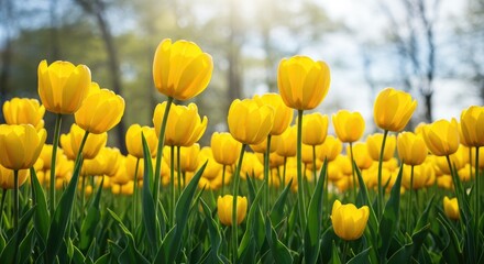 Obraz premium Sunlit Field of Vibrant Yellow Tulips: Springtime Bloom