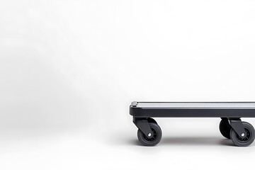 A black dolly with wheels positioned against a white backdrop, ready for effortless movement. Minimalist style, clean aesthetics.