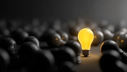 Single bright light bulb amidst many dark ones