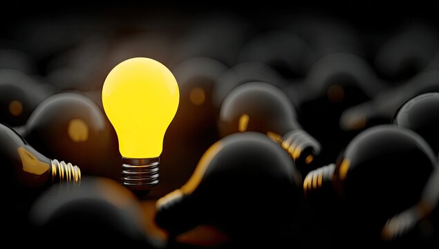 A single illuminated light bulb stands out among many dark ones