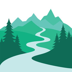 Fototapeta premium Vector art of a river winds through a mountainous landscape with lush forests