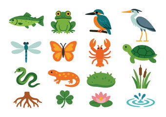 Obraz premium Waterfall wildlife and flora modern flat style. trout, frog, kingfisher, heron, dragonfly, butterfly, river crab, turtle, water snake, salamander, moss patch, river reeds