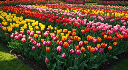 Vibrant tulips in a meticulously arranged flowerbed.  Colorful display of spring blooms