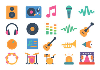 Party music and sound setup modern flat style. speaker icon, DJ turntable, music note, microphone, headphones, record disc, equalizer, sound wave, volume knob, music