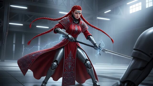 Female Cyborg Warrior in Red Dress with Metal Armor Holding a Sword