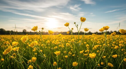 A vibrant field of yellow flowers at sunset.  Sunbeams filter through the clouds