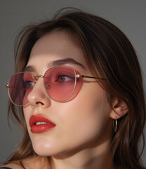 Fototapeta premium Stylish woman in pink-tinted sunglasses with red lipstick