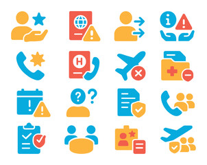 Emergency services at consulate modern flat style. crisis support icon, emergency passport, evacuation sign, consular assistance, embassy hotline, hospital contact