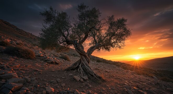 Ancient Twisted Olive Tree Silhouetted Against Fiery Sunset Sky