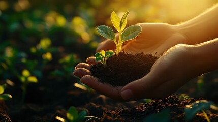 Fototapeta premium Hands holding a small plant seedling in rich soil at sunset.