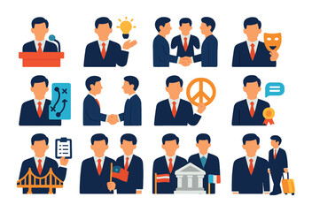 Roles of an ambassador modern flat style. public speaker, advisor, mediator, cultural representative, strategist, negotiator, peacemaker, event guest, policymaker, host