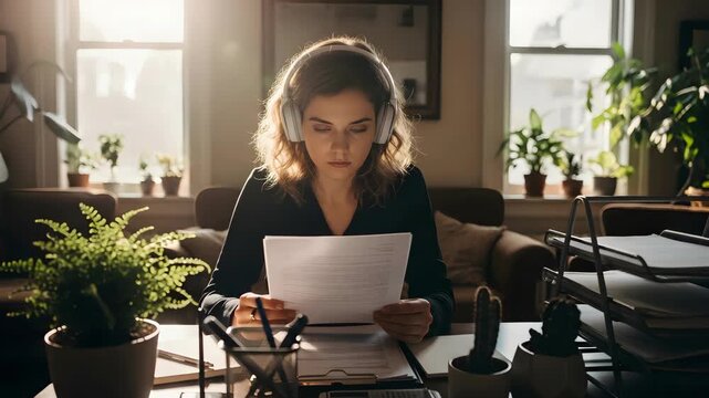 Focused Woman Reviewing Documents at Home Office Desk