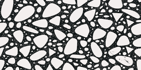  black and white terrazzo pattern featuring various shapes  scattered across it evenly sizes of aggregate fragments evenly creating  speckled texture creating a dense background.
