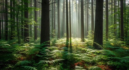 Obraz premium Sunlit Forest A Serene Landscape with Lush Greenery and Towering Trees