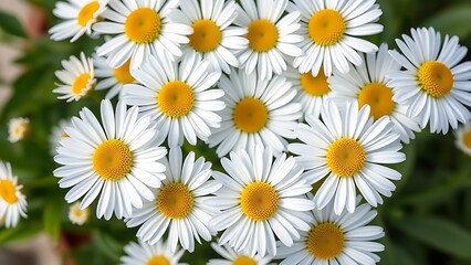 Fototapeta premium Fresh daisy flowers in circular arrangement, highlighting white petals and yellow centers with natural light.