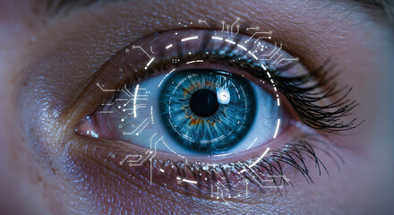 Close up of blue human eye with digital circuit overlay blue eye iris