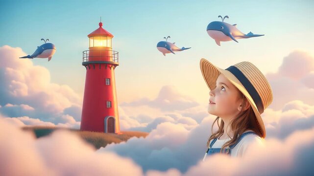 Girl in Straw Hat Gazes at Flying Whales and Lighthouse in Dreamy Cloudscape