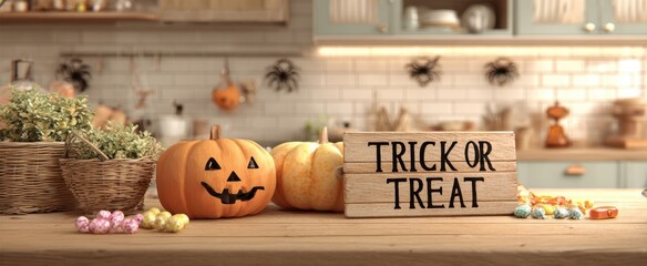 Obraz premium The pumpkin and festive decorations for a cozy Halloween celebration.