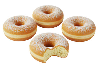 Five golden-brown, ring-shaped doughnuts, one partially bitten revealing fluffy interior, delicately dusted with powdered sugar, on a transparent studio background, high-angle top-down view.