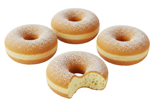 Five golden-brown, ring-shaped doughnuts, one partially bitten revealing fluffy interior, delicately dusted with powdered sugar, on a transparent studio background, high-angle top-down view.
