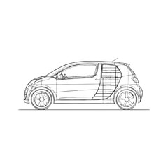 One-line abstract sketch of solar-powered compact city car for eco-friendly transportation concepts, green tech campaigns, and future mobility presentations. Black doodle on transparent background.