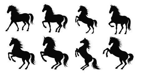 Set of eight black horse silhouettes in varied poses including standing, trotting, and rearing, symbolizing motion, elegance, and strength on white background