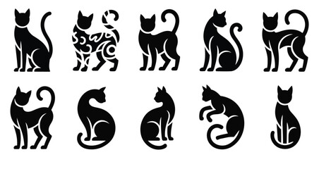 Set of ten black cat silhouettes in various poses including sitting, stretching, and playful stances, symbolizing feline grace and character on white background © Zavivec