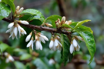 Fototapeta premium Close-up of Delicate White Flowers Blooming on a Branch with Green Leaves