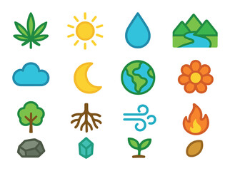 Obraz premium Nature and cannabis synergy modern flat style. cannabis leaf, sun, water droplet, mountain, river, cloud, moon, earth, flower, tree, root, wind swirl, fire symbol, rock