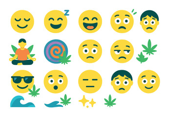 Fototapeta premium Emotions and cannabis use modern flat style. relaxed face, sleepy face, laughing face, anxious face, meditating person, euphoria swirl, spaced-out eyes, hungry smile