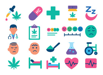 Cannabis-related medical use modern flat style. CBD oil, THC pill, medical cross, prescription bottle, doctor, clipboard, pain chart, sleep icon, stress relief, anxiety