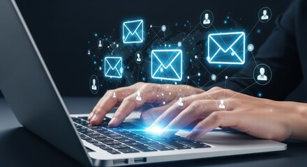Hands typing on a laptop with email icons