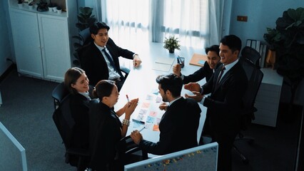 Top view of professional project manager present idea while putting hands together and clapping...