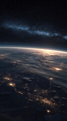 Fototapeta premium A breathtaking view of Earth from space at night, showing city lights and the Milky Way galaxy stretching across the sky.