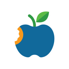 Blue apple with a bite missing green leaf stem orange inside on vector