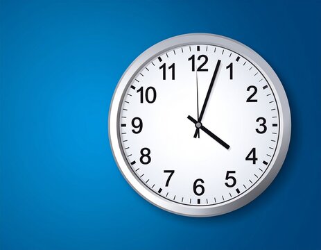 White Wall Clock Showing 12 O'Clock - Time Management Concept on Blue Background