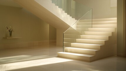Obraz premium bright, airy interior space showcasing a minimalist staircase bathed in natural light, where the light-colored wooden steps and clear glass balustrade enhance the sense of openness. Recessed 