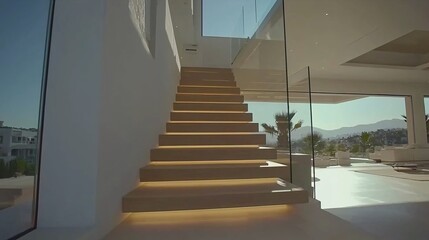 Fototapeta premium wide-angle view of a minimalist floating staircase, its individual wooden steps cantilevered from a pristine wall, with a barely visible glass balustrade for safety. Recessed lighting beneath 