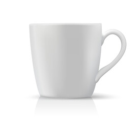 Realistic vector illustration of a plain white ceramic coffee mug with a curved handle, isolated on a white background with soft shadows and reflection. Clean and minimal design 