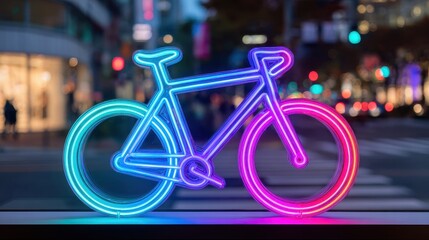 Future store design concept, Neon bicycle sculpture illuminated against a blurred urban background.