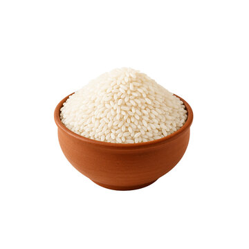 Photo of a bowl of uncooked white Sompa Katari variety rice, isolated on transparent background