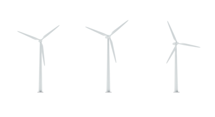 Three identical large white wind turbines, sleek blades, tall towers, aligned on expansive featureless white plain, ultra-realistic uhd product photography, bright uniform shadowless illumination,