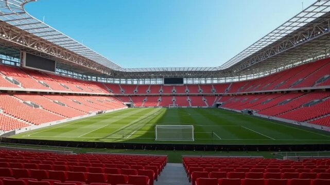 Stadium view with red seats a green field and a bright blue sky above