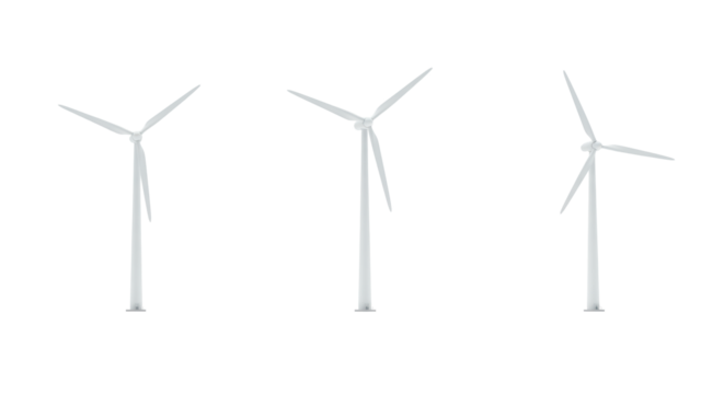 Three identical large white wind turbines, sleek blades, tall towers, aligned on expansive featureless white plain, ultra-realistic uhd product photography, bright uniform shadowless illumination,