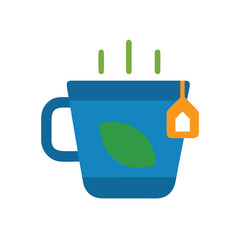 Blue mug with green leaf orange tea bag with steam rising graphic teabag drink