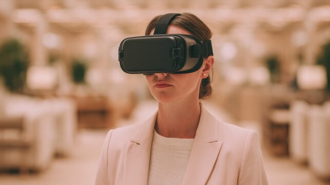 Future store design concept, A woman wearing a virtual reality headset in a modern, stylish environment.