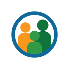Abstract three figures in orange green inside a blue circle on family people